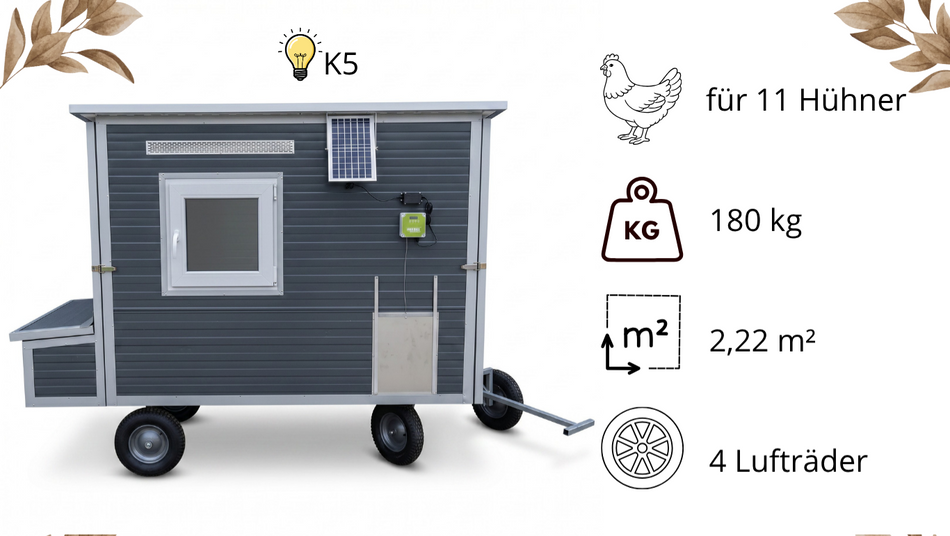 Hühnerstall - Hühnerhaus Rosina Allrad 150 Groß winterfest Stahlstall für 11 Hühner mit 4 Räder K5