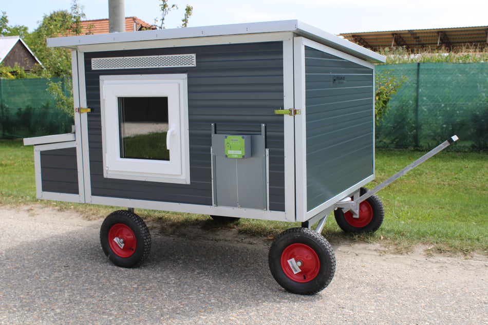Hühnerstall - Hühnerhaus Rosina Allrad winterfest Stahlstall für 11 Hühner mit 4 Räder K9