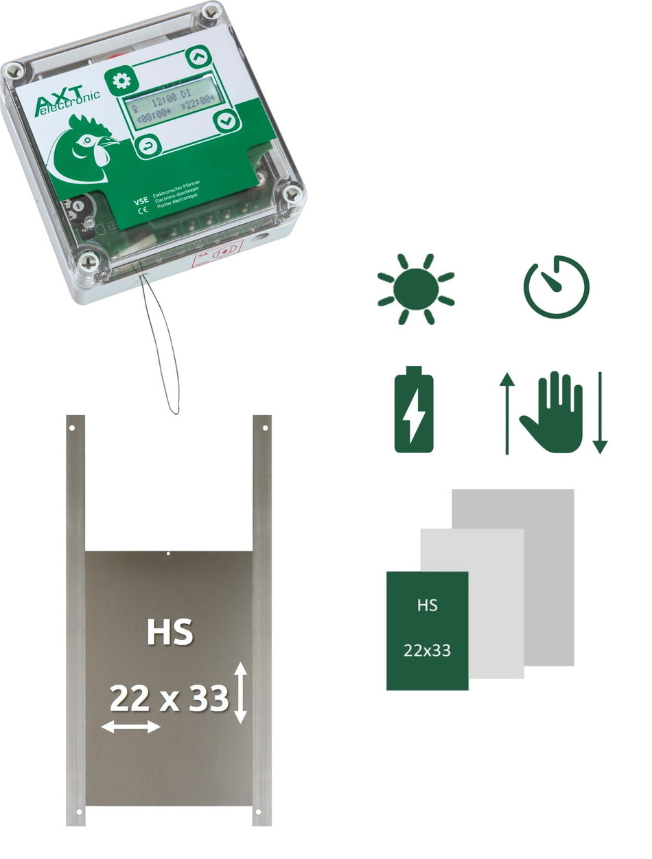 AXT SET VSE  – Automatische Hühnerklappe VSE mit Batterien, integrierter Zeitschaltuhr