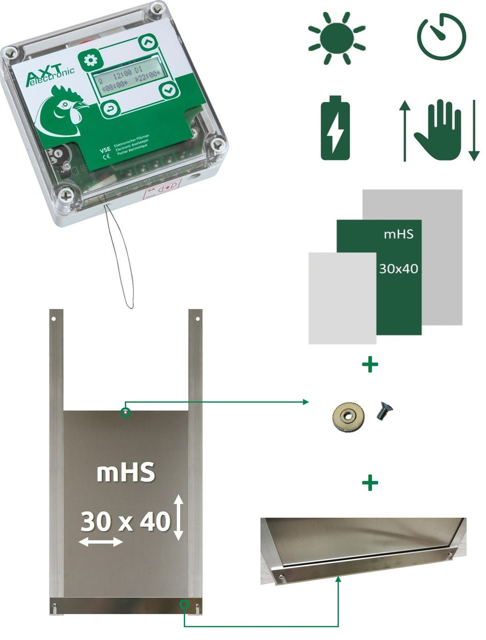 AXT SET VSE  – Automatische Hühnerklappe VSE mit Batterien, integrierter Zeitschaltuhr