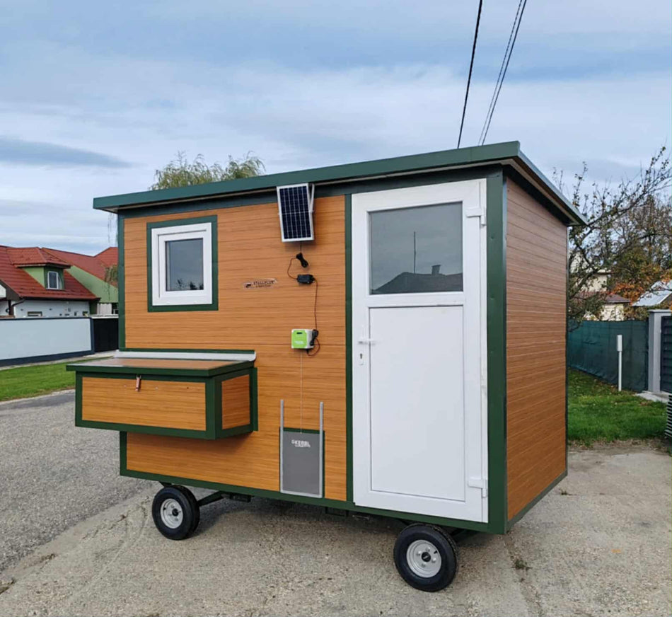Mobile Hühnerstall begehbar 300 mit 4 Räder Stahlstall Holzoptik/Chromoxidgrün