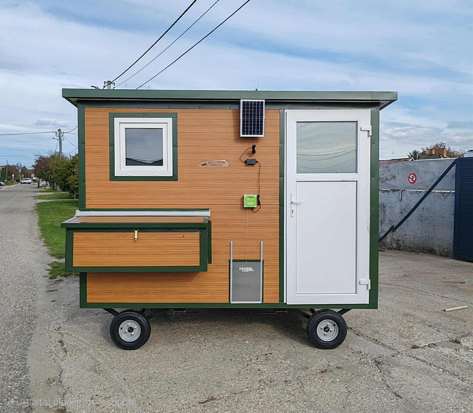 Mobile Hühnerstall begehbar 300 mit 4 Räder Stahlstall Holzoptik/Chromoxidgrün