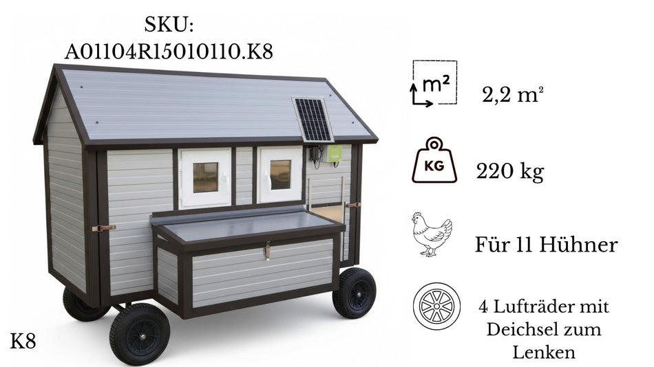 Hühnerstall - Hühnerhaus Adelina Allrad winterfest für 11 Hühner mit 4 Räder K8